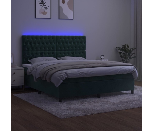 Cama box spring colchón y LED terciopelo verde oscuro 160x200cm