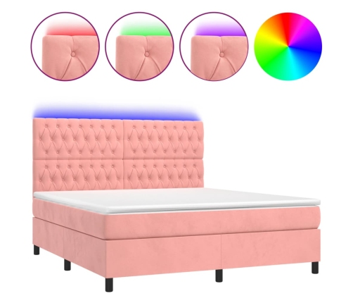 Cama box spring colchón y LED terciopelo rosa 160x200 cm