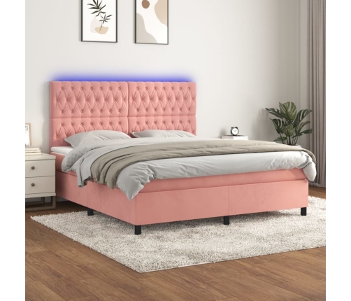 Cama box spring colchón y LED terciopelo rosa 160x200 cm