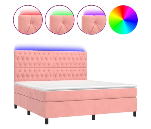 Cama box spring colchón y LED terciopelo rosa 180x200 cm