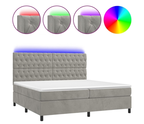 Cama box spring colchón y LED terciopelo gris claro 200x200 cm