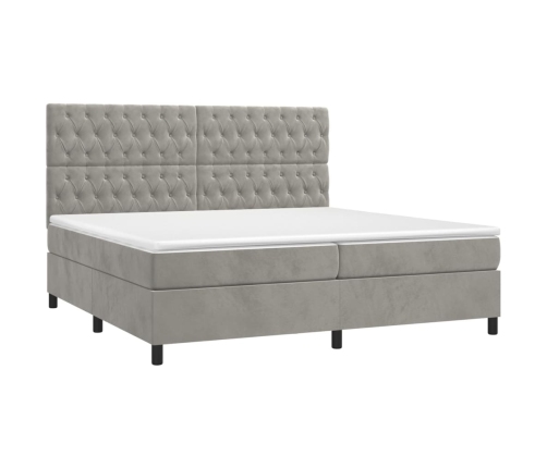 Cama box spring colchón y LED terciopelo gris claro 200x200 cm