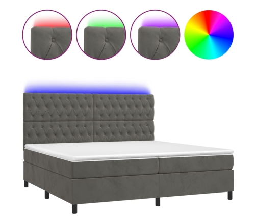 Cama box spring colchón y LED terciopelo gris oscuro 200x200 cm