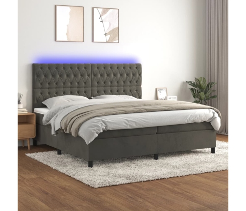 Cama box spring colchón y LED terciopelo gris oscuro 200x200 cm