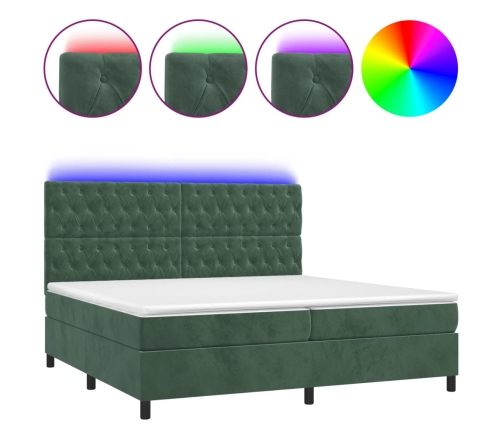 Cama box spring colchón y LED terciopelo verde oscuro 200x200cm