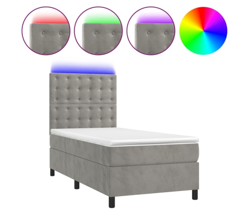 Cama box spring colchón y LED terciopelo gris claro 80x200 cm