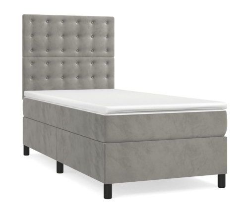 Cama box spring colchón y LED terciopelo gris claro 80x200 cm