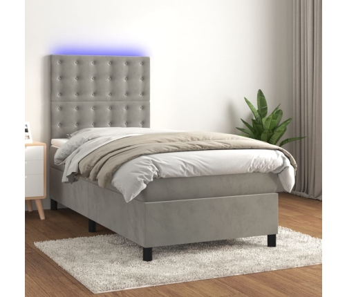 Cama box spring colchón y LED terciopelo gris claro 80x200 cm