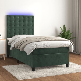 Cama box spring colchón y LED terciopelo verde oscuro 80x200 cm