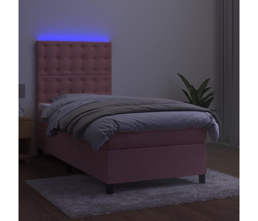 Cama box spring colchón y LED terciopelo rosa 80x200 cm