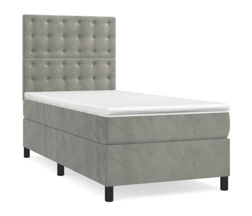 Cama box spring colchón y LED terciopelo gris claro 90x190 cm