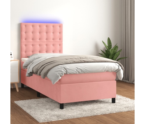 Cama box spring colchón y LED terciopelo rosa 90x190 cm