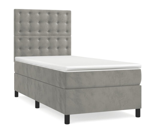 Cama box spring colchón y LED terciopelo gris claro 90x200 cm