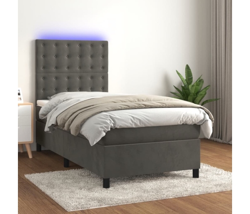 Cama box spring colchón y LED terciopelo gris oscuro 90x200 cm