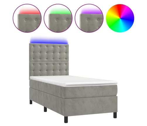 Cama box spring colchón y LED terciopelo gris claro 100x200 cm