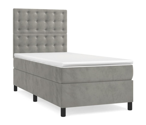 Cama box spring colchón y LED terciopelo gris claro 100x200 cm