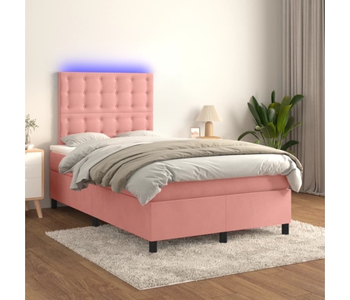 Cama box spring colchón y LED terciopelo rosa 120x200 cm