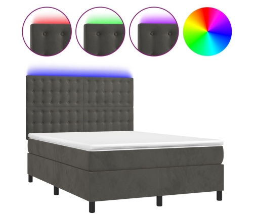 Cama box spring colchón y LED terciopelo gris oscuro 140x190 cm