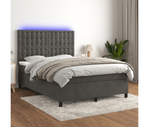 Cama box spring colchón y LED terciopelo gris oscuro 140x190 cm