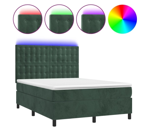 Cama box spring colchón y LED terciopelo verde oscuro 140x190cm