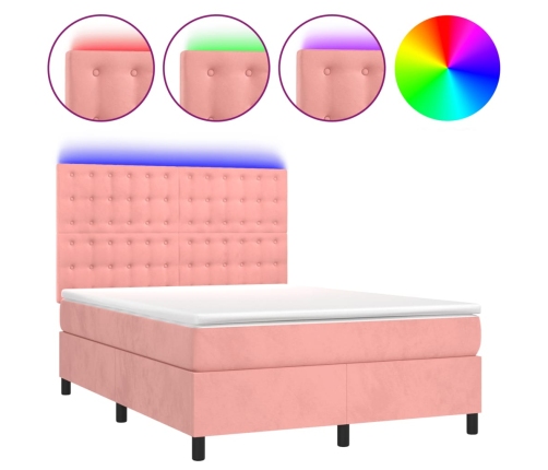 Cama box spring colchón y LED terciopelo rosa 140x190 cm