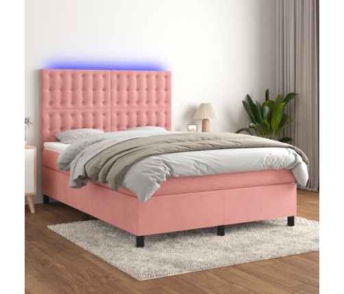 Cama box spring colchón y LED terciopelo rosa 140x190 cm