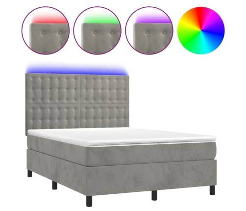 Cama box spring colchón y LED terciopelo gris claro 140x200 cm