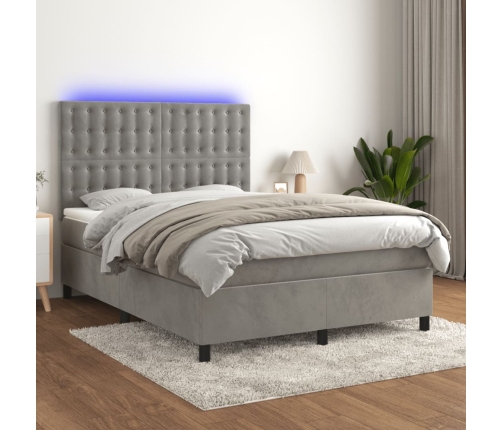 Cama box spring colchón y LED terciopelo gris claro 140x200 cm