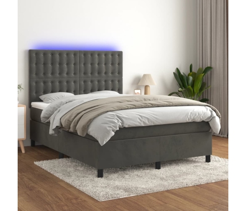 Cama box spring colchón y LED terciopelo gris oscuro 140x200 cm