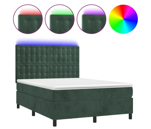 Cama box spring colchón y LED terciopelo verde oscuro 140x200cm