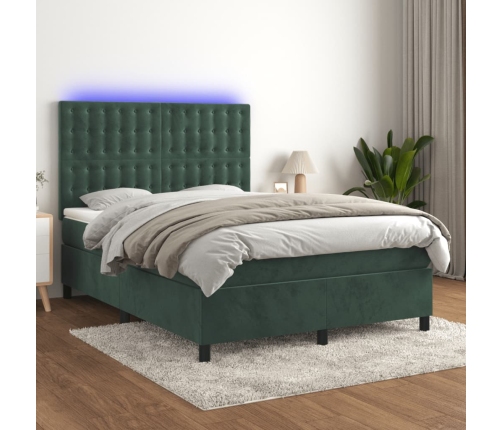 Cama box spring colchón y LED terciopelo verde oscuro 140x200cm