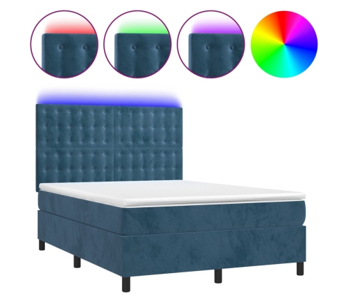 Cama box spring colchón y LED terciopelo azul oscuro 140x200 cm