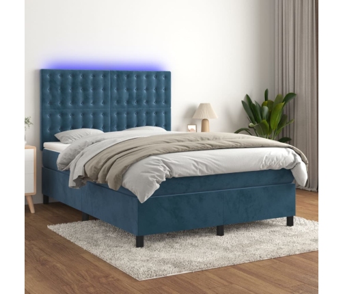 Cama box spring colchón y LED terciopelo azul oscuro 140x200 cm