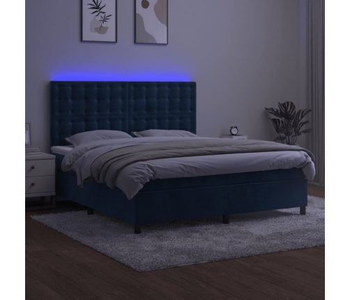 Cama box spring colchón y LED terciopelo azul oscuro 180x200 cm