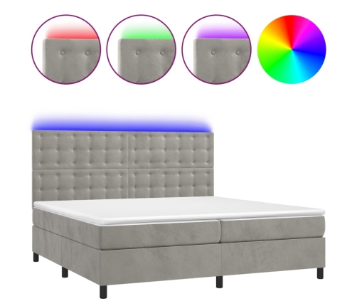 Cama box spring colchón y LED terciopelo gris claro 200x200 cm