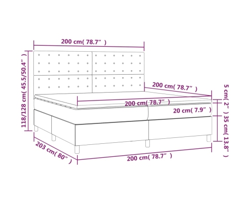 Cama box spring colchón y LED terciopelo negro 200x200 cm