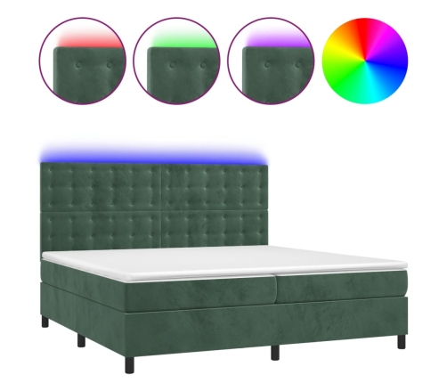 Cama box spring colchón y LED terciopelo verde oscuro 200x200cm