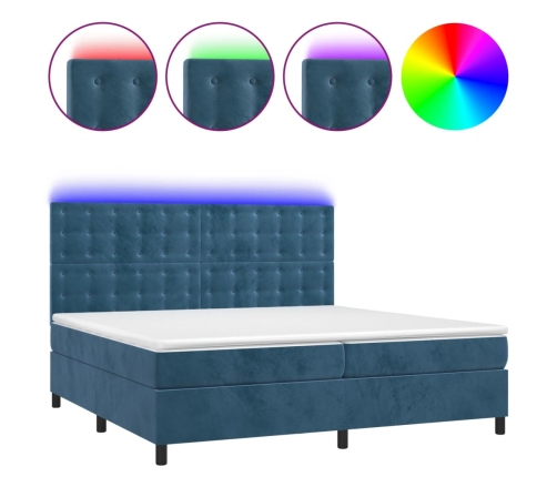 Cama box spring colchón y LED terciopelo azul oscuro 200x200 cm