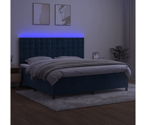 Cama box spring colchón y LED terciopelo azul oscuro 200x200 cm