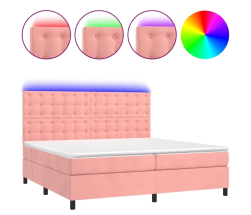 Cama box spring colchón y LED terciopelo rosa 200x200 cm