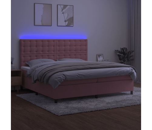 Cama box spring colchón y LED terciopelo rosa 200x200 cm