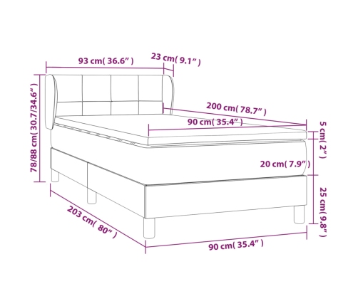 Cama box spring con colchón tela color crema 90x200 cm