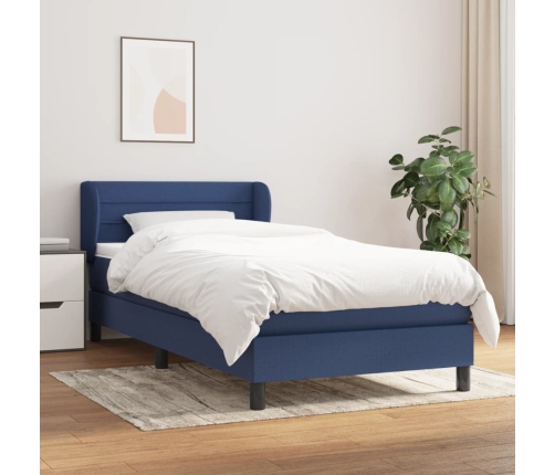 Cama box spring con colchón tela azul 90x190 cm