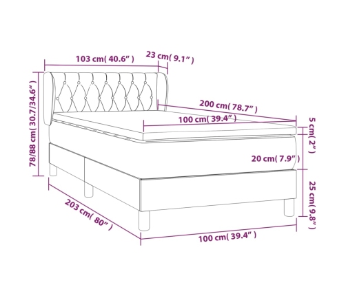 Cama box spring con colchón tela gris claro 100x200 cm