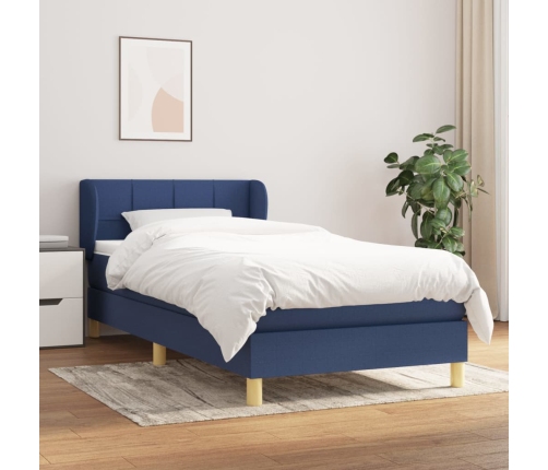 Cama box spring con colchón tela azul 90x190 cm