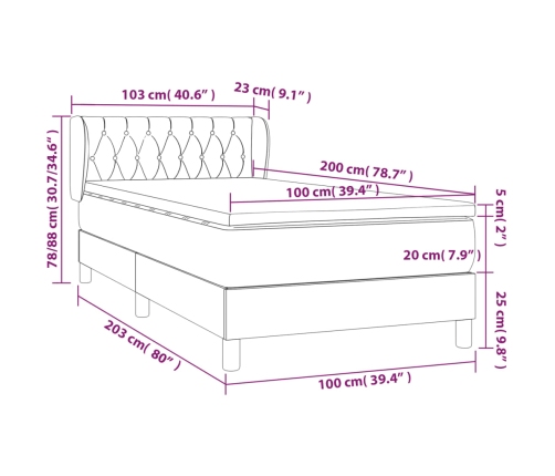 Cama box spring con colchón tela gris oscuro 100x200 cm