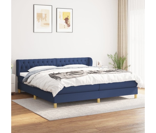 Cama box spring con colchón tela azul 200x200 cm