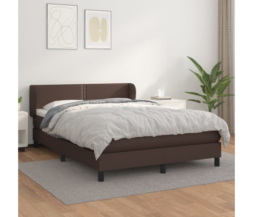 Cama box spring con colchón cuero sintético marrón 140x190 cm