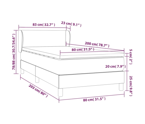 Cama box spring con colchón terciopelo gris oscuro 80x200 cm