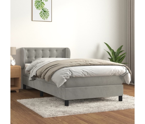 Cama box spring con colchón terciopelo gris claro 90x190 cm